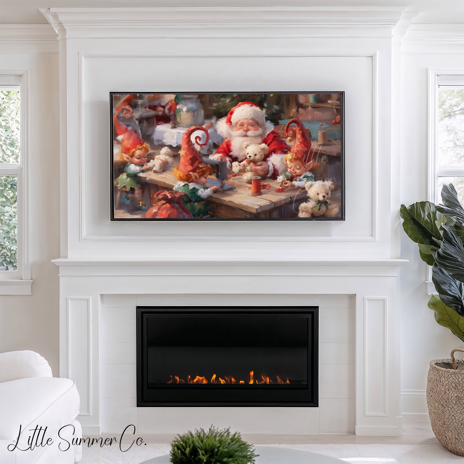Santa and Elves Making Toys Frame TV Art displayed on a TV