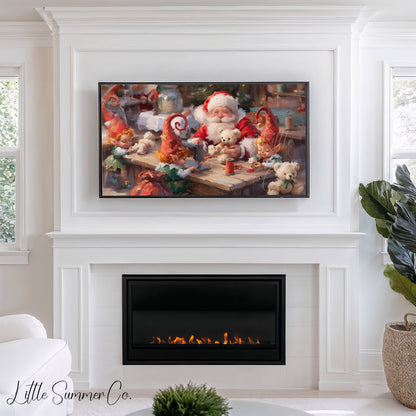 Santa and Elves Making Toys Frame TV Art displayed on a TV