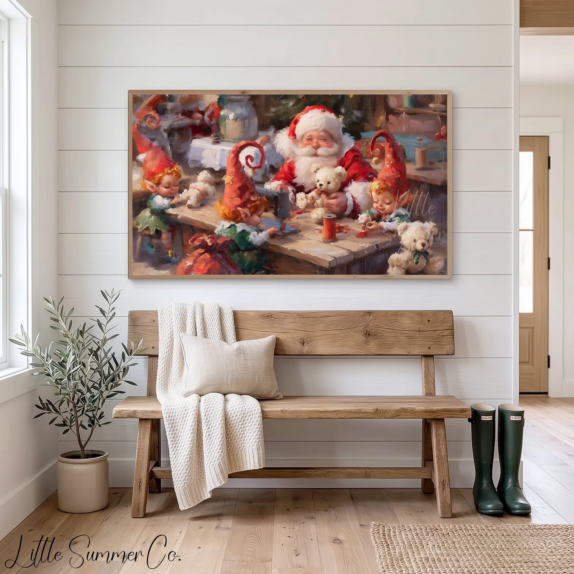 Santa and Elves Making Toys Frame TV Art displayed on a TV