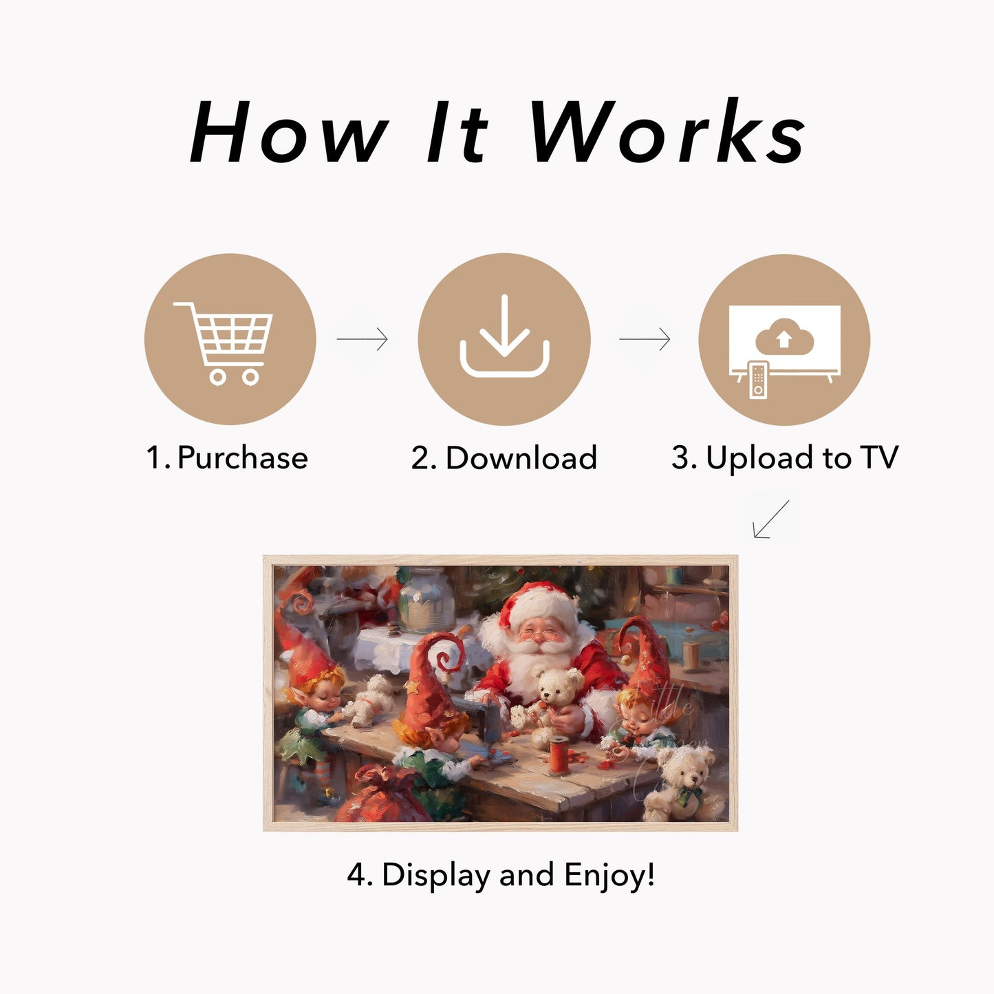 Santa and Elves Making Toys Frame TV Art displayed on a TV