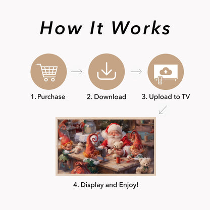 Santa and Elves Making Toys Frame TV Art displayed on a TV