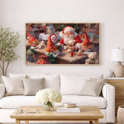 Santa and Elves Making Toys Frame TV Art displayed on a TV