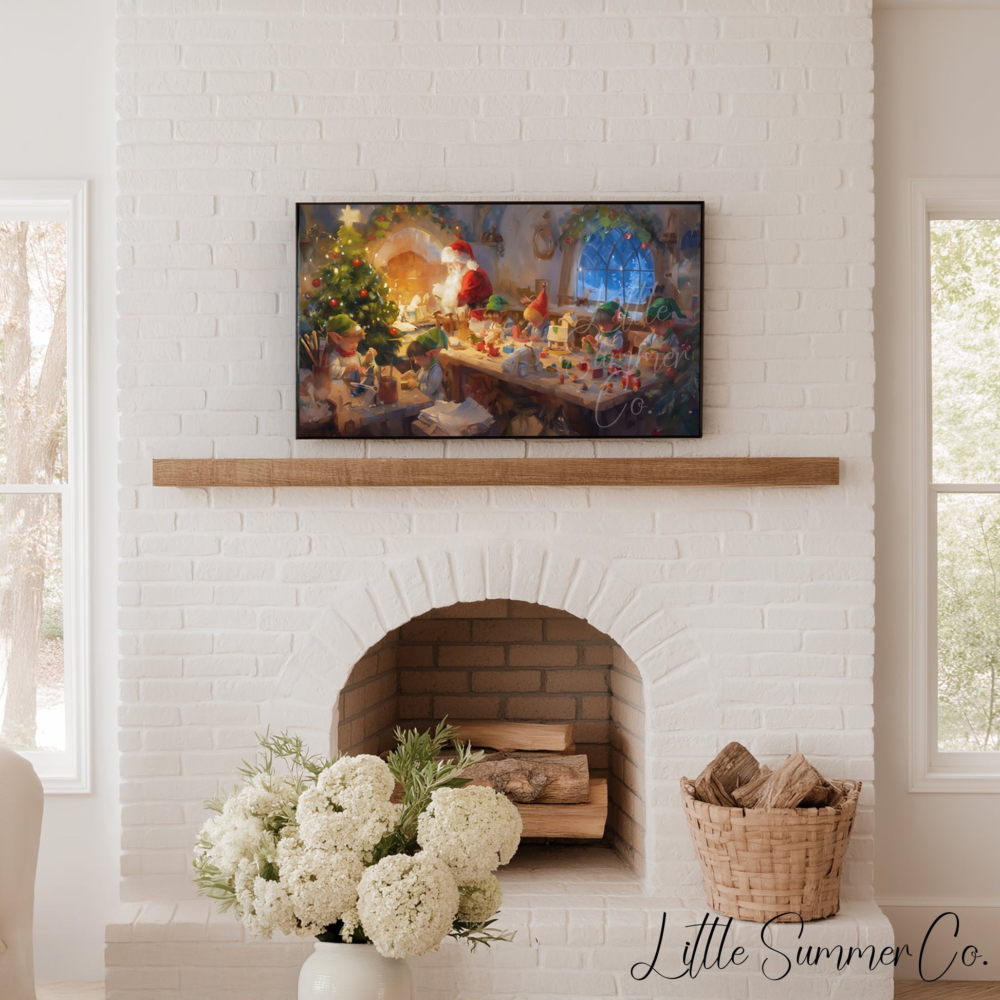 Santa's Workshop with Elves Frame TV Art displayed on a TV