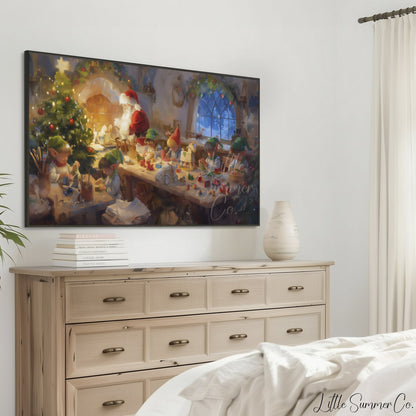 Santa's Workshop with Elves Frame TV Art displayed on a TV