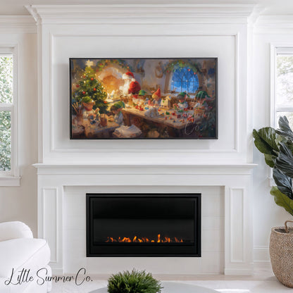 Santa's Workshop with Elves Frame TV Art displayed on a TV