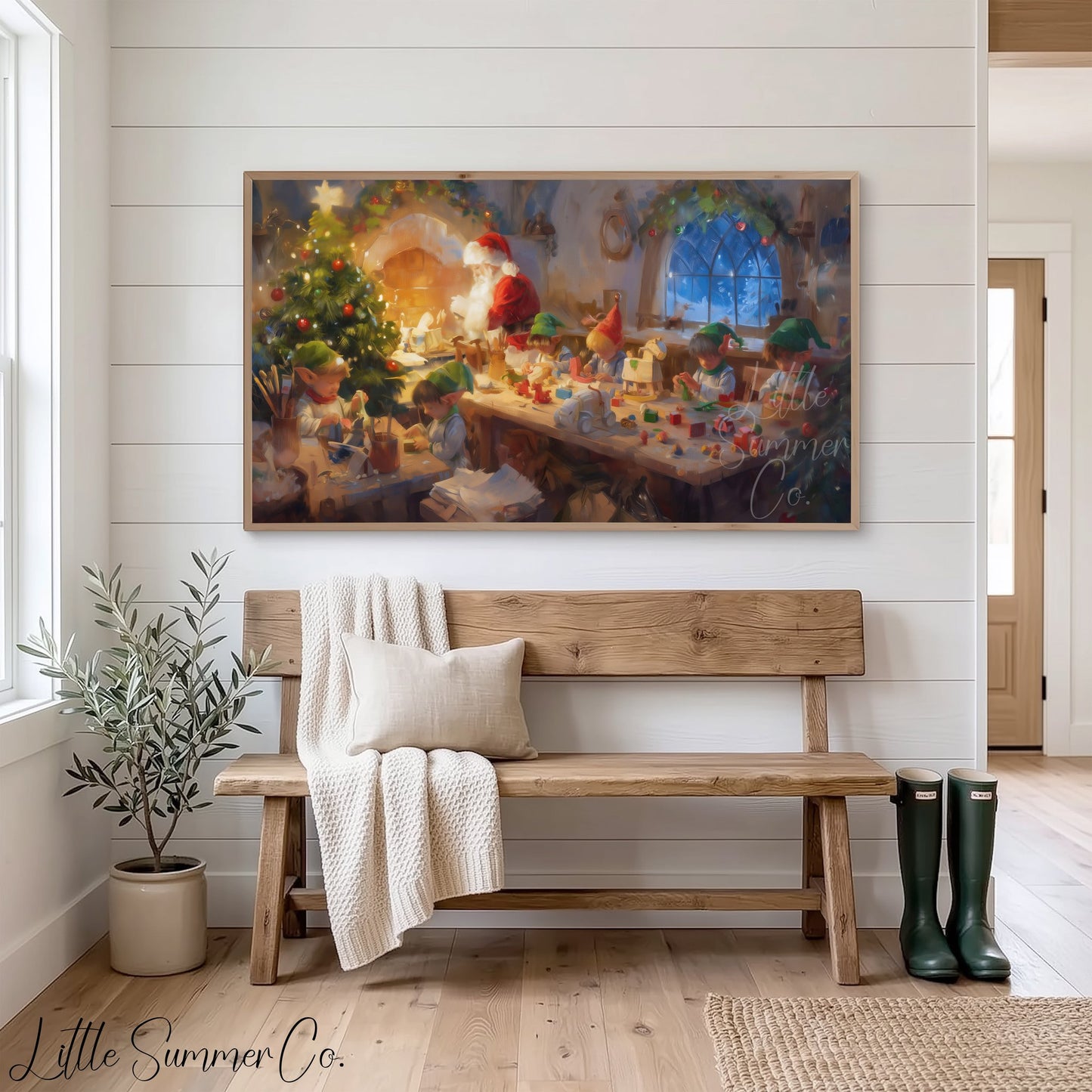 Santa's Workshop with Elves Frame TV Art displayed on a TV