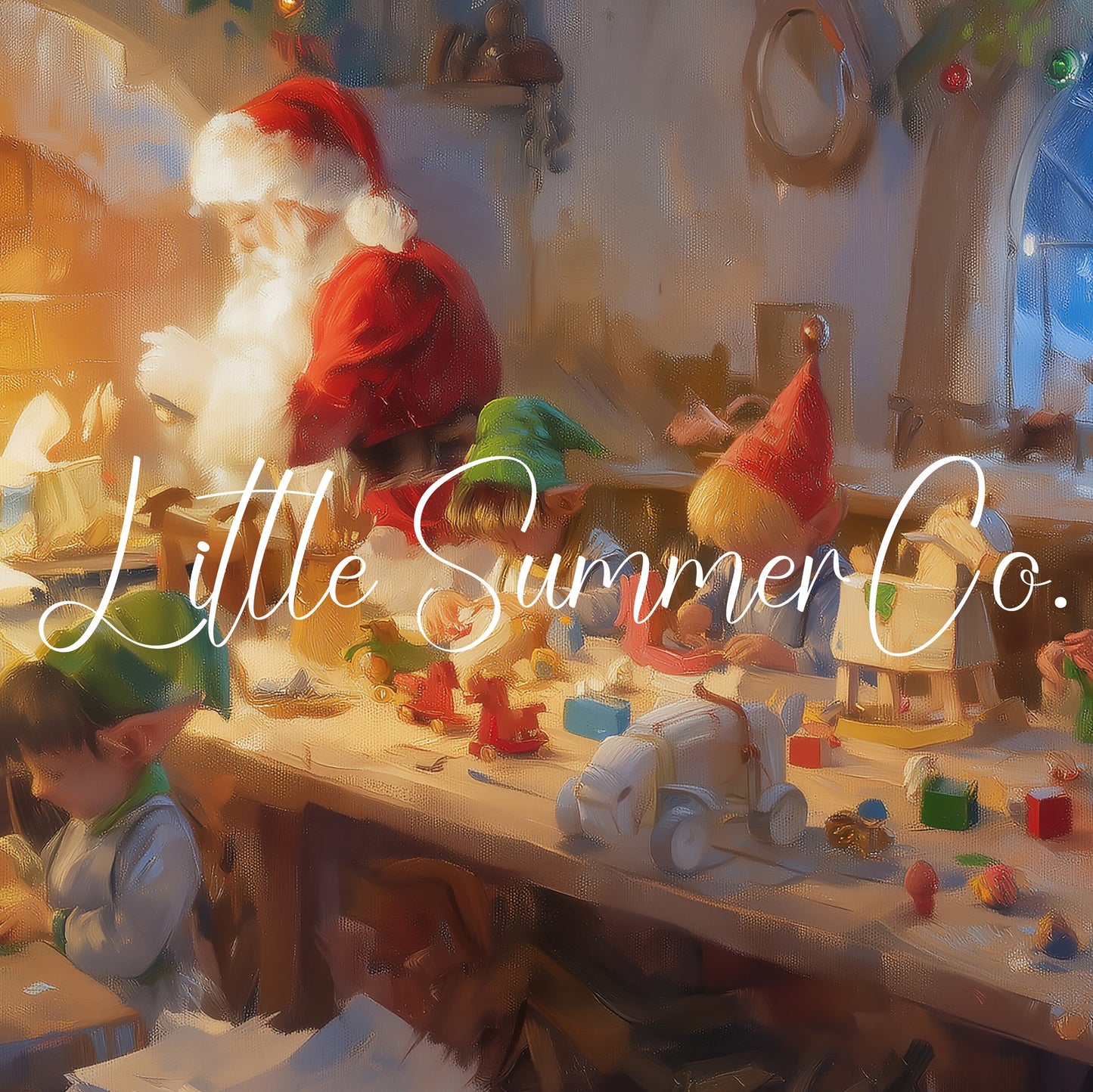 Santa's Workshop with Elves Frame TV Art displayed on a TV