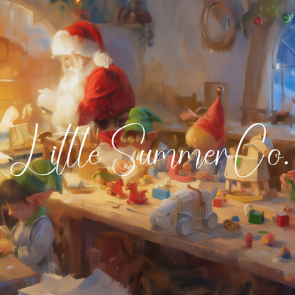 Santa's Workshop with Elves Frame TV Art displayed on a TV
