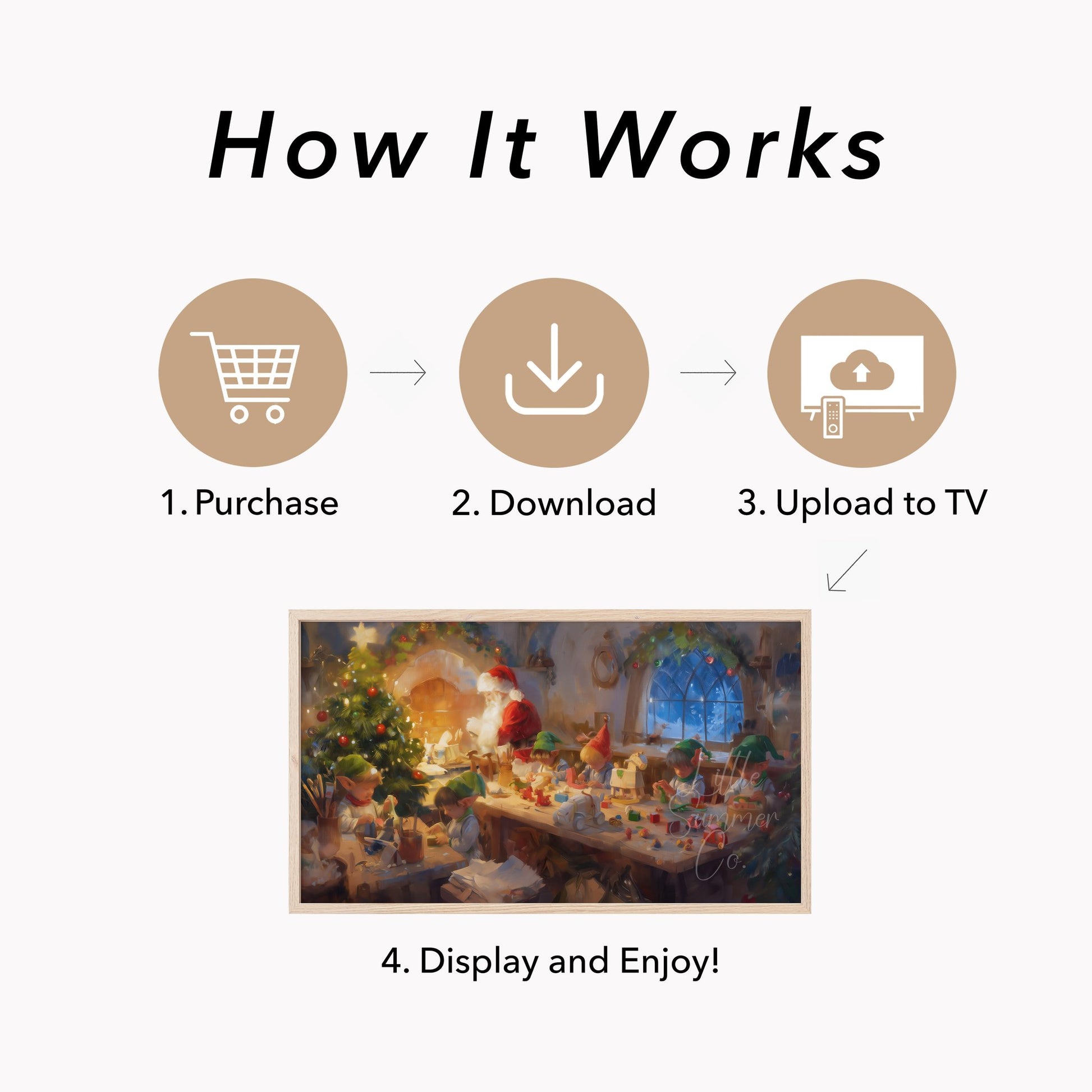 Santa's Workshop with Elves Frame TV Art displayed on a TV