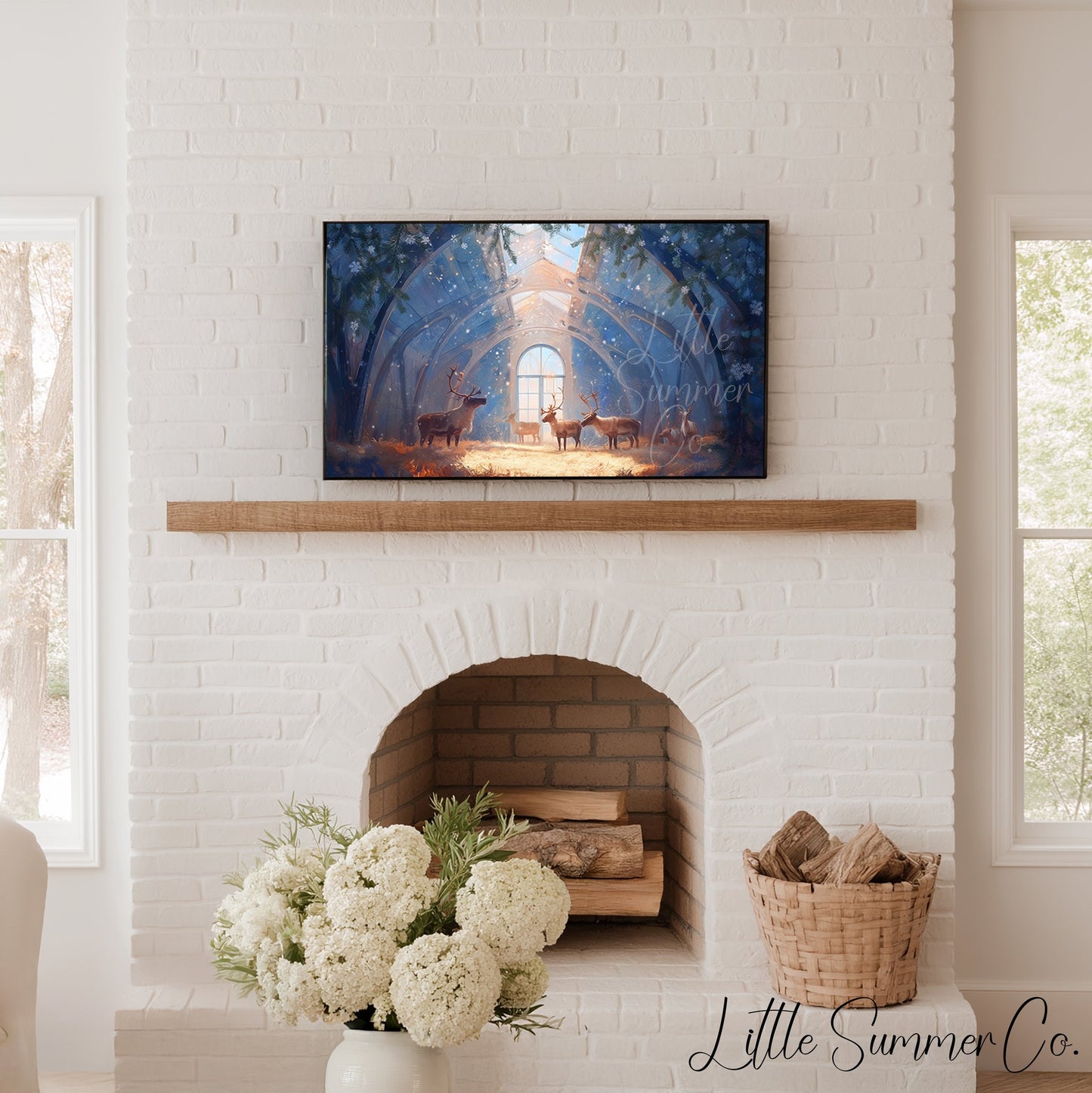 Reindeer in a Crystal Barn Frame TV Art displayed on a TV