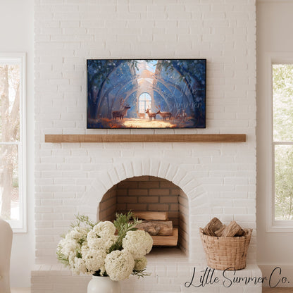 Reindeer in a Crystal Barn Frame TV Art displayed on a TV