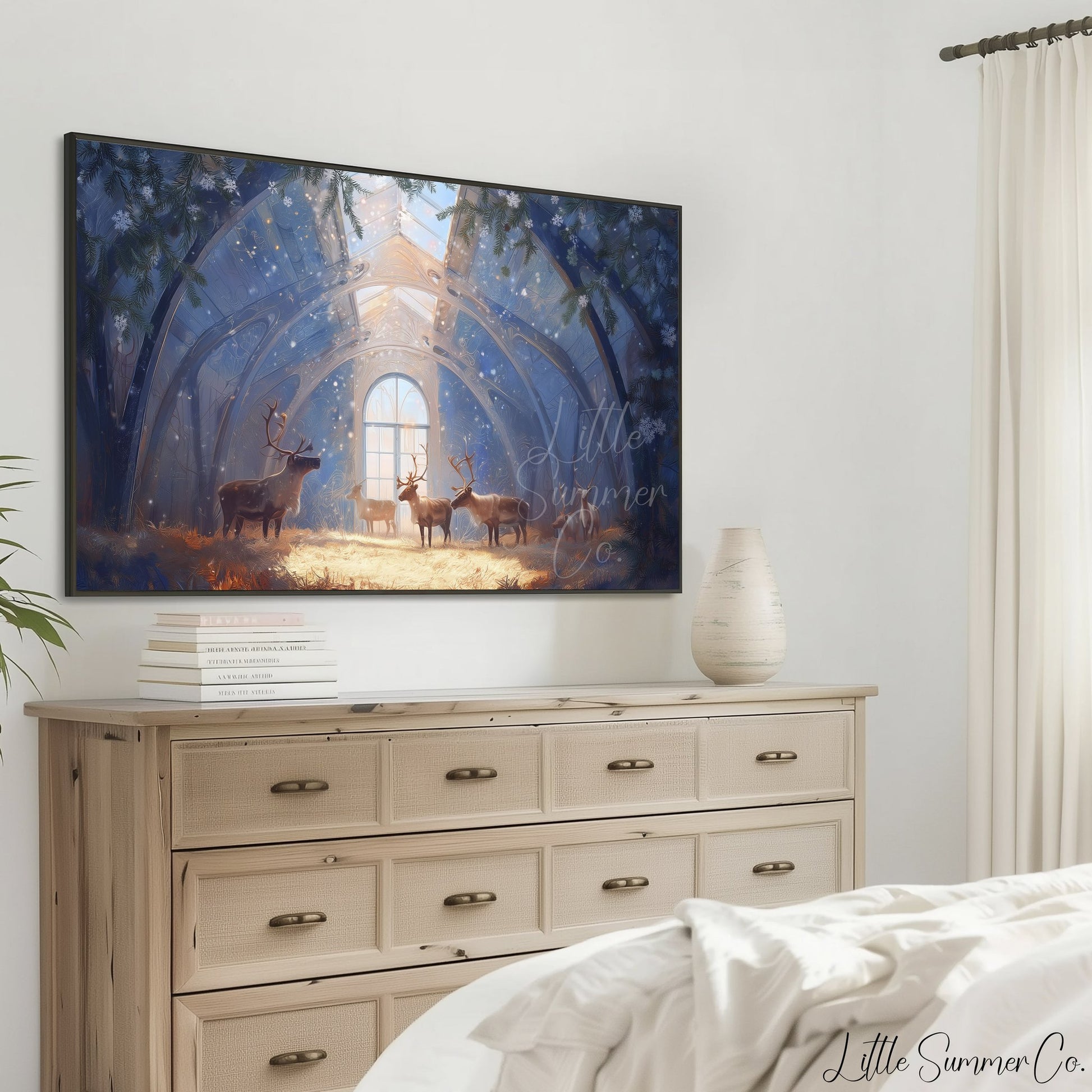 Reindeer in a Crystal Barn Frame TV Art displayed on a TV