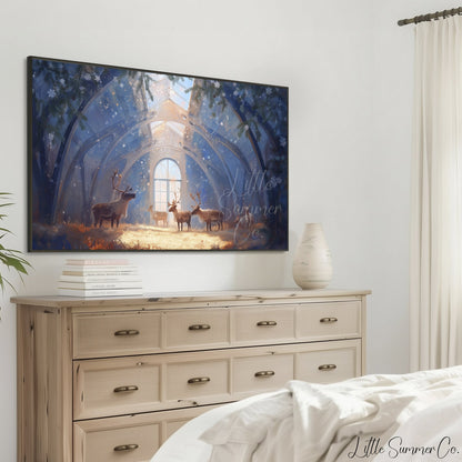 Reindeer in a Crystal Barn Frame TV Art displayed on a TV