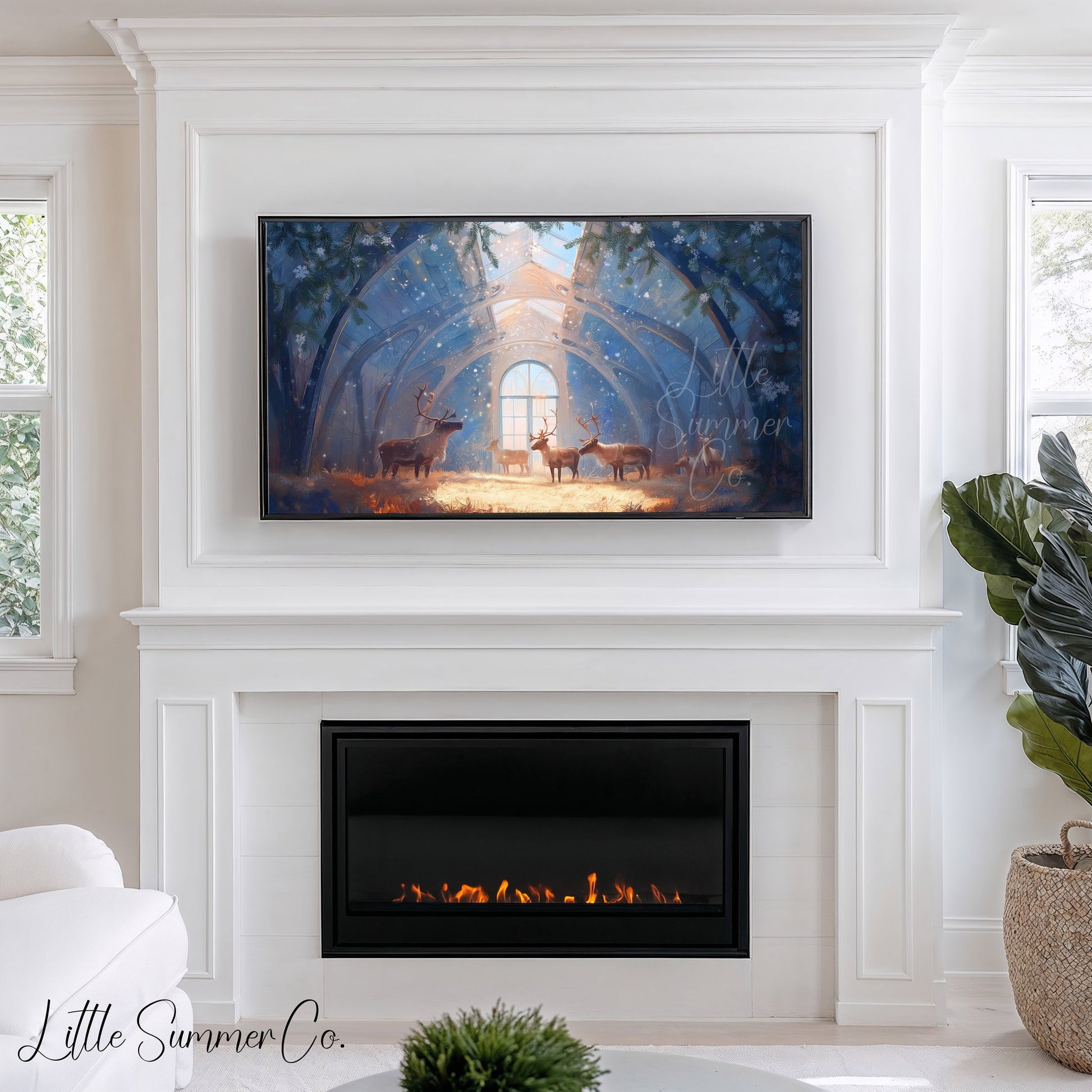 Reindeer in a Crystal Barn Frame TV Art displayed on a TV