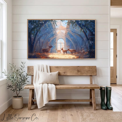 Reindeer in a Crystal Barn Frame TV Art displayed on a TV