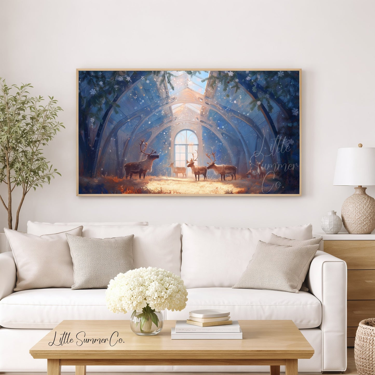Reindeer in a Crystal Barn Frame TV Art displayed on a TV