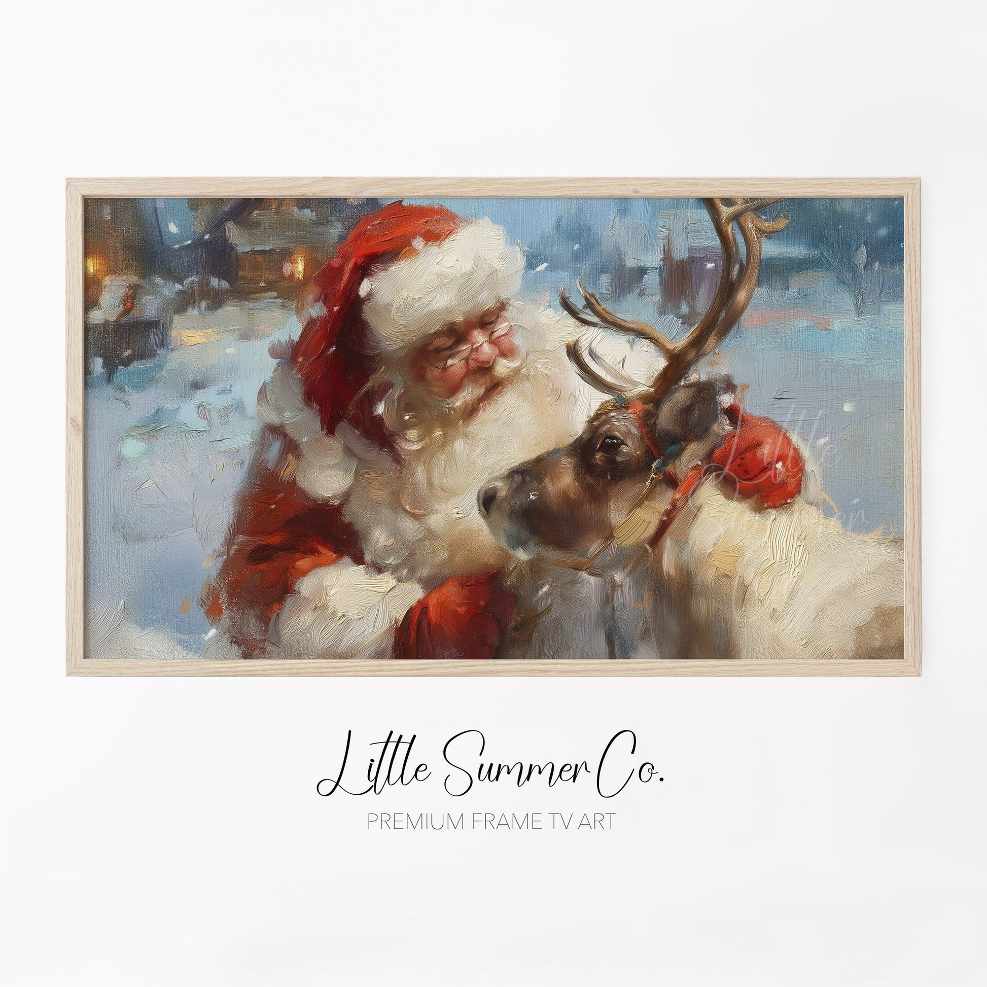 Santa and Reindeer in Snow Frame TV Art displayed on a TV