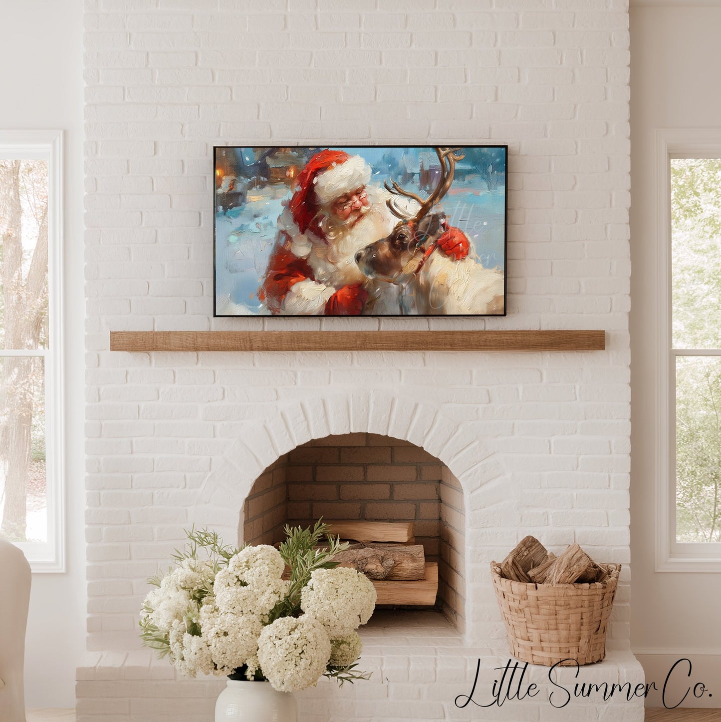 Santa and Reindeer in Snow Frame TV Art displayed on a TV