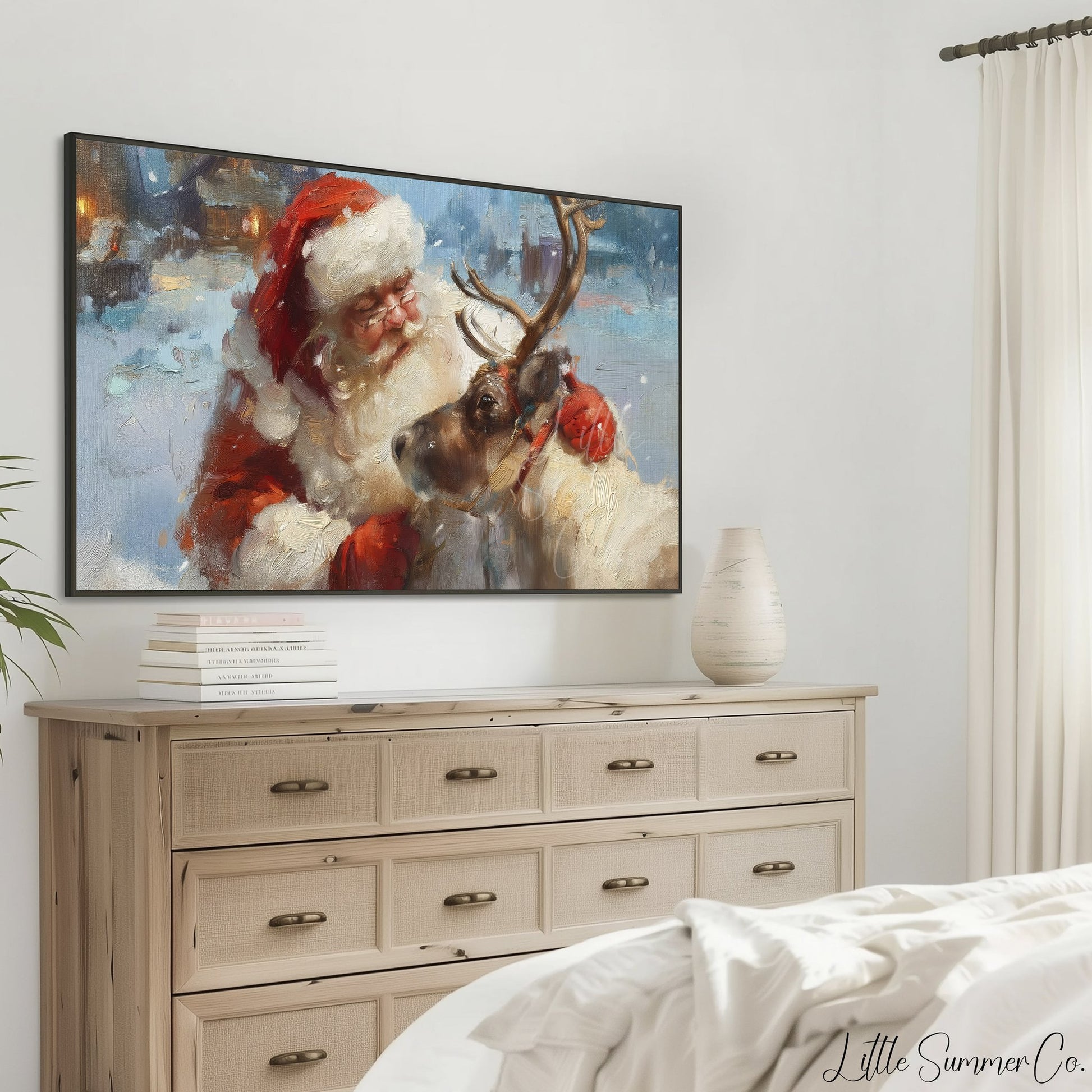 Santa and Reindeer in Snow Frame TV Art displayed on a TV