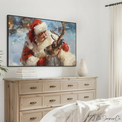Santa and Reindeer in Snow Frame TV Art displayed on a TV