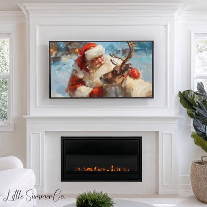 Santa and Reindeer in Snow Frame TV Art displayed on a TV