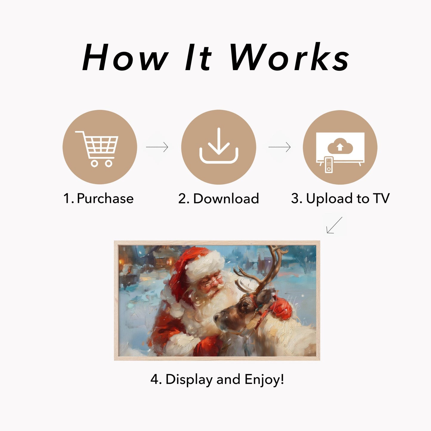 Santa and Reindeer in Snow Frame TV Art displayed on a TV