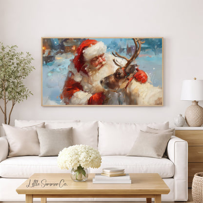 Santa and Reindeer in Snow Frame TV Art displayed on a TV