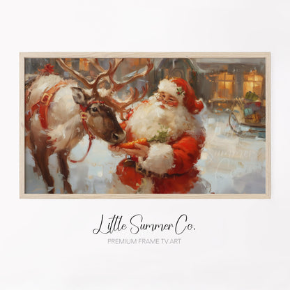 Santa Feeding a Reindeer Frame TV Art displayed on a TV