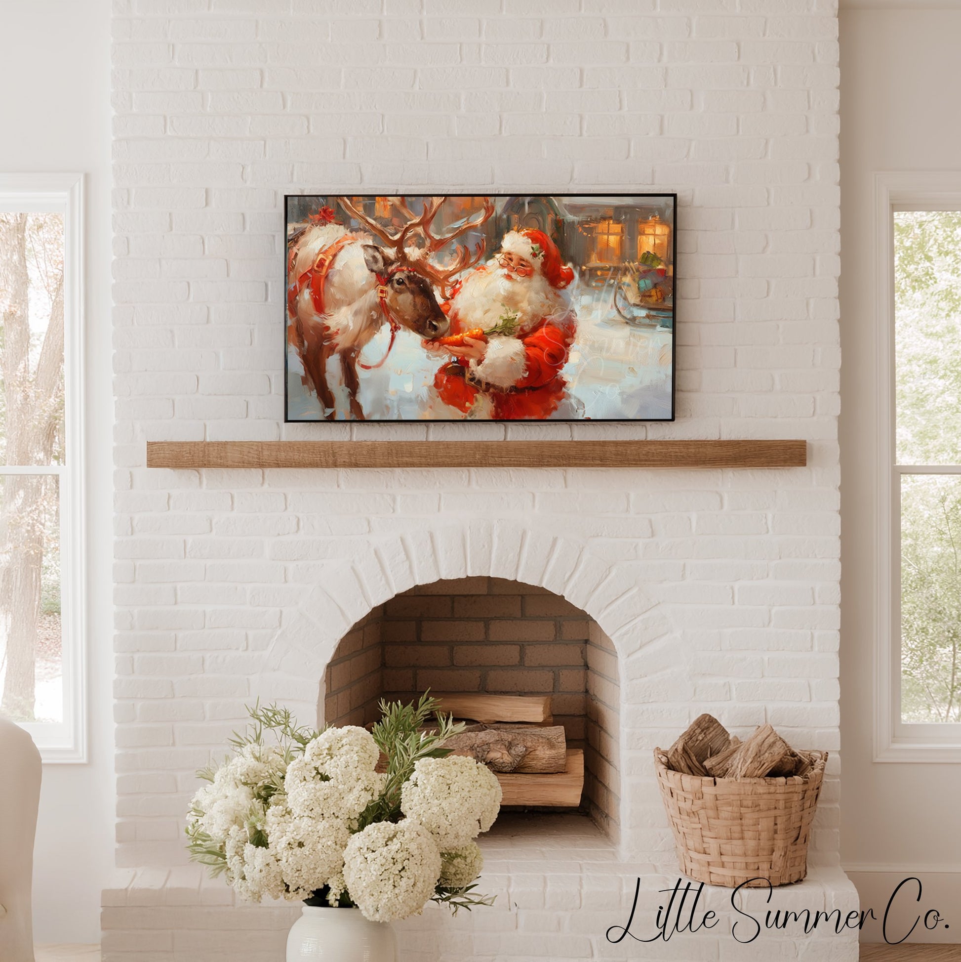 Santa Feeding a Reindeer Frame TV Art displayed on a TV