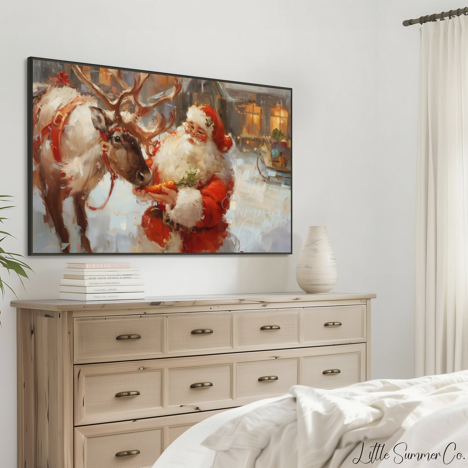 Santa Feeding a Reindeer Frame TV Art displayed on a TV