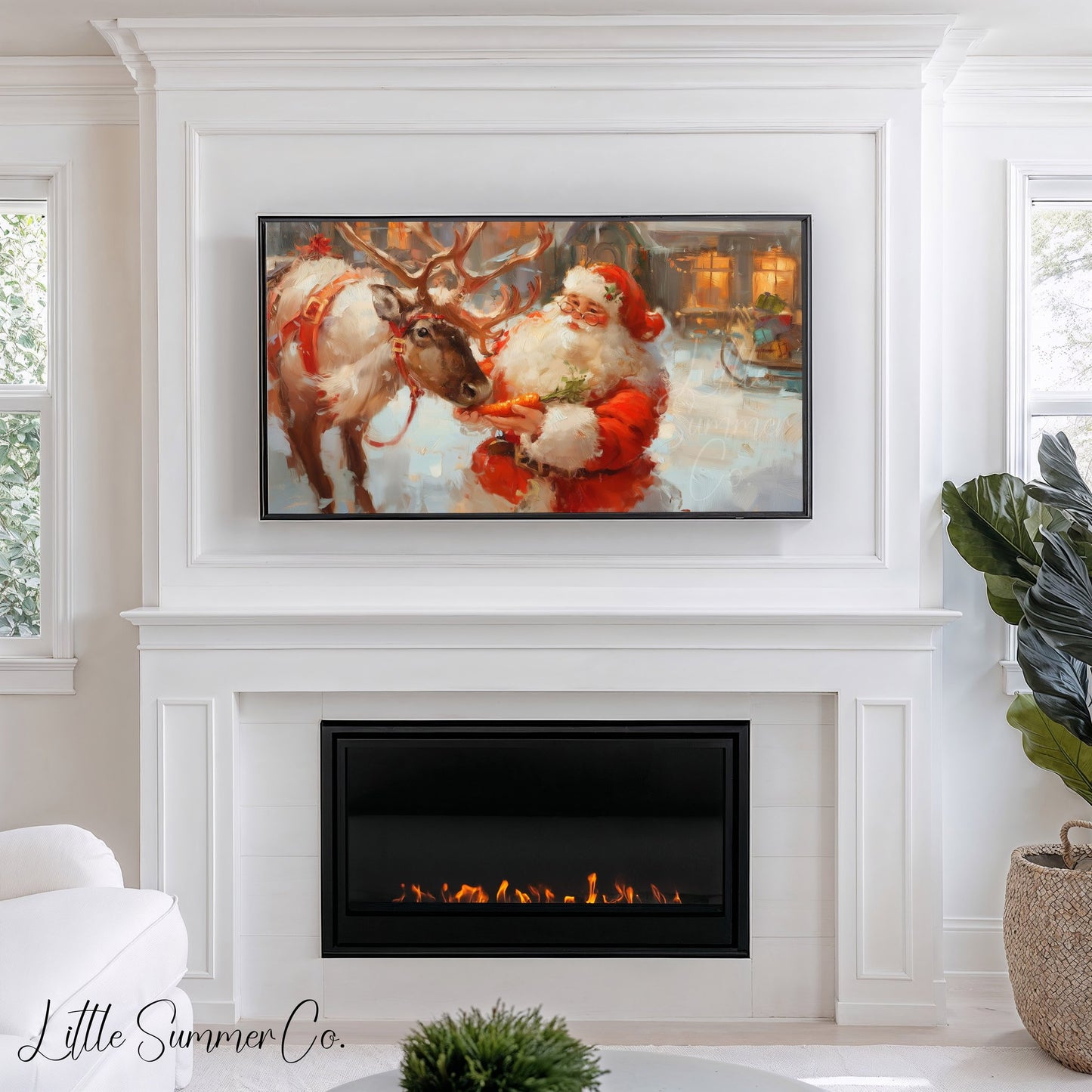 Santa Feeding a Reindeer Frame TV Art displayed on a TV