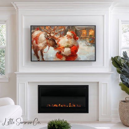 Santa Feeding a Reindeer Frame TV Art displayed on a TV