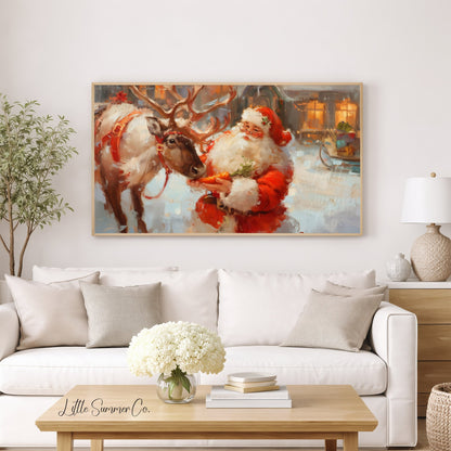 Santa Feeding a Reindeer Frame TV Art displayed on a TV