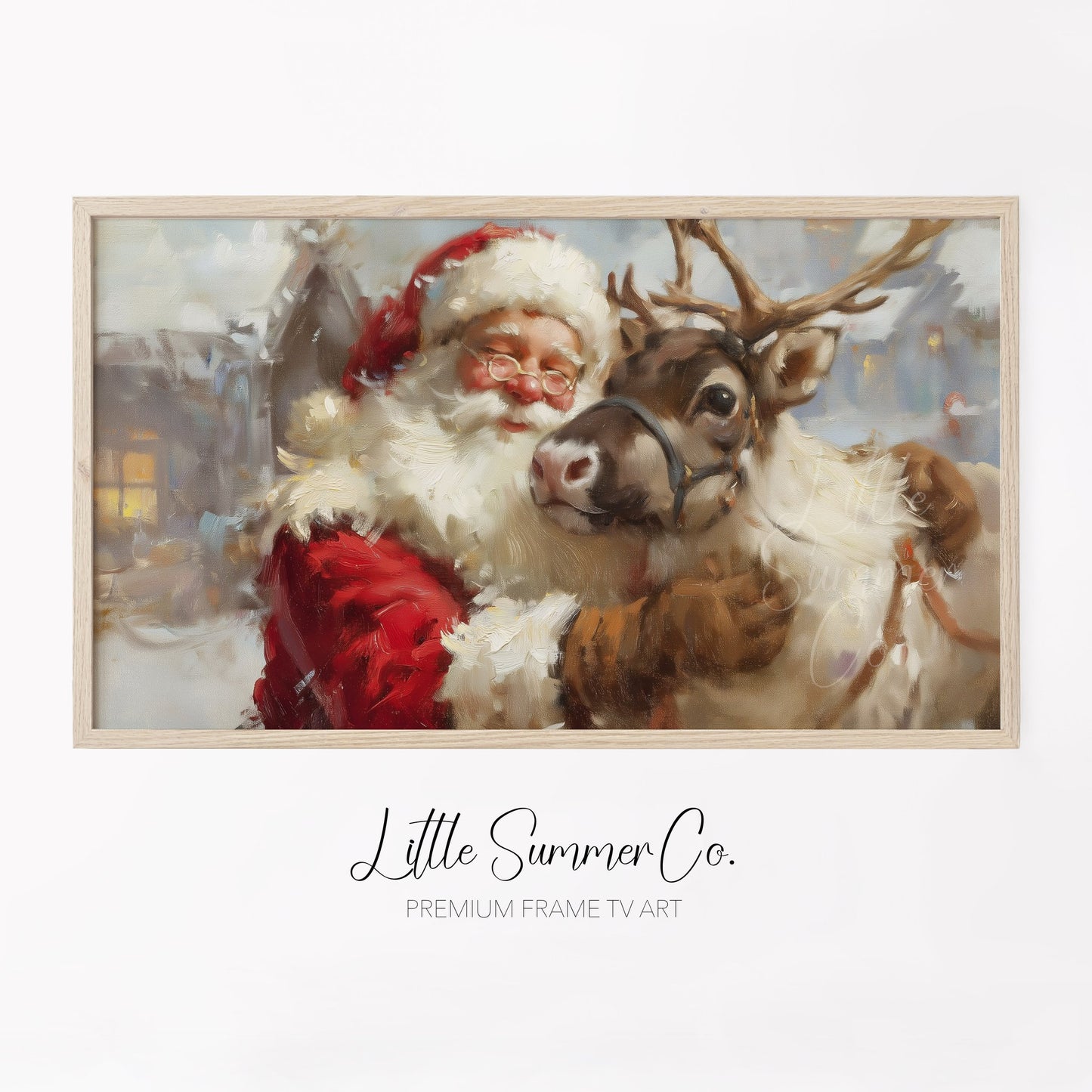 Santa Hugging a Reindeer Frame TV Art displayed on a TV