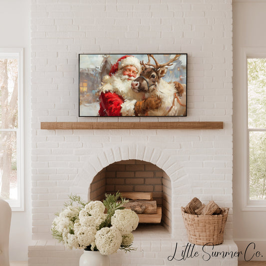 Santa Hugging a Reindeer Frame TV Art displayed on a TV