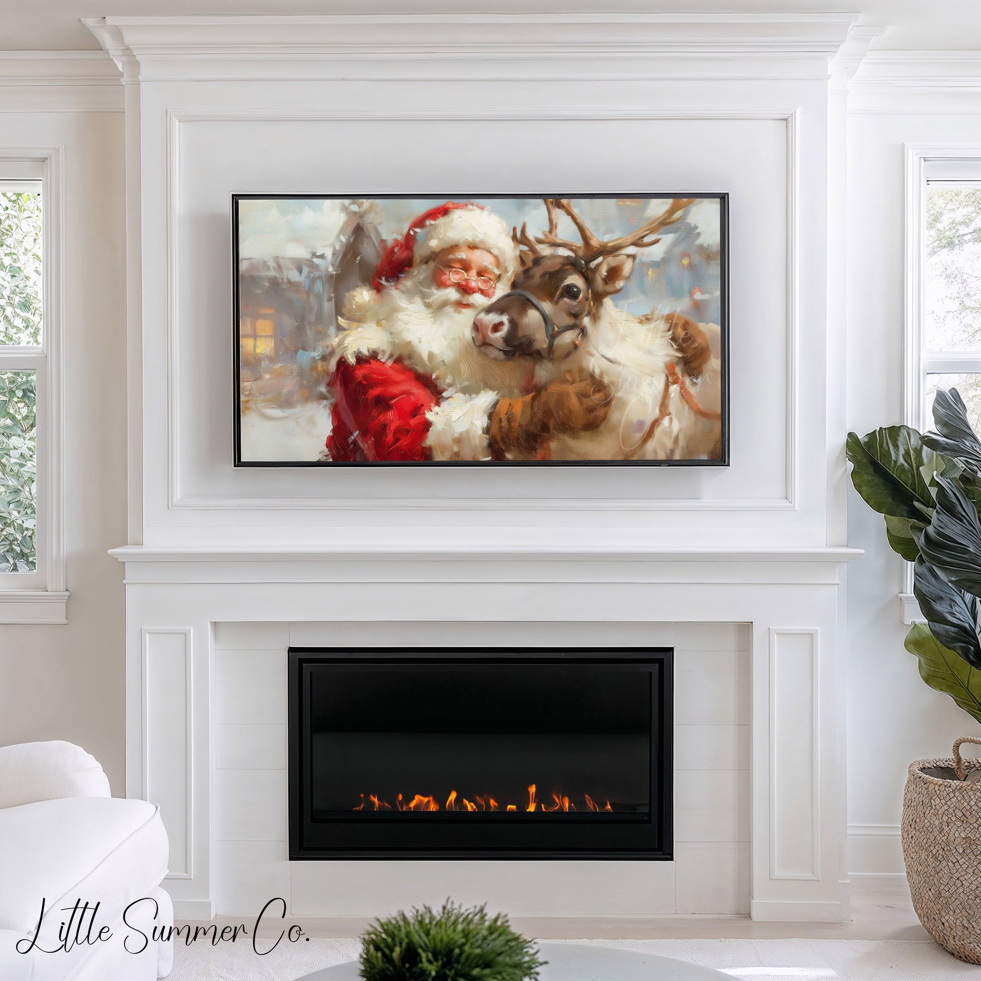 Santa Hugging a Reindeer Frame TV Art displayed on a TV