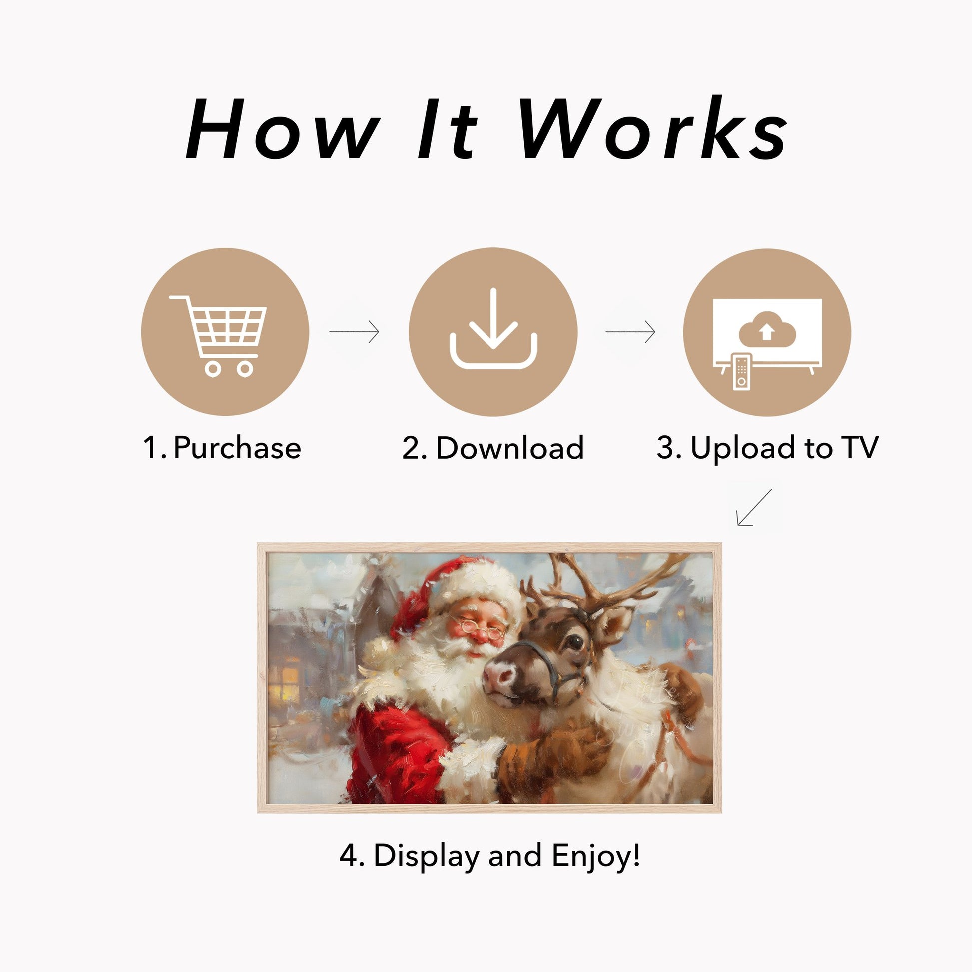 Santa Hugging a Reindeer Frame TV Art displayed on a TV