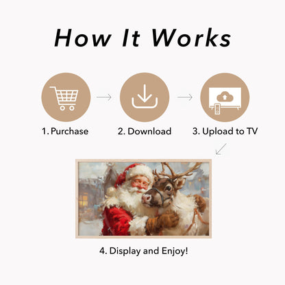 Santa Hugging a Reindeer Frame TV Art displayed on a TV