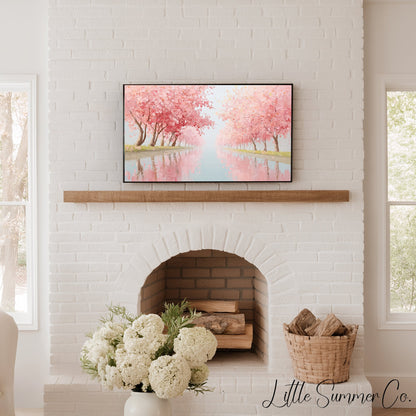 Cherry Blossom Canal Frame TV Art displayed on a TV