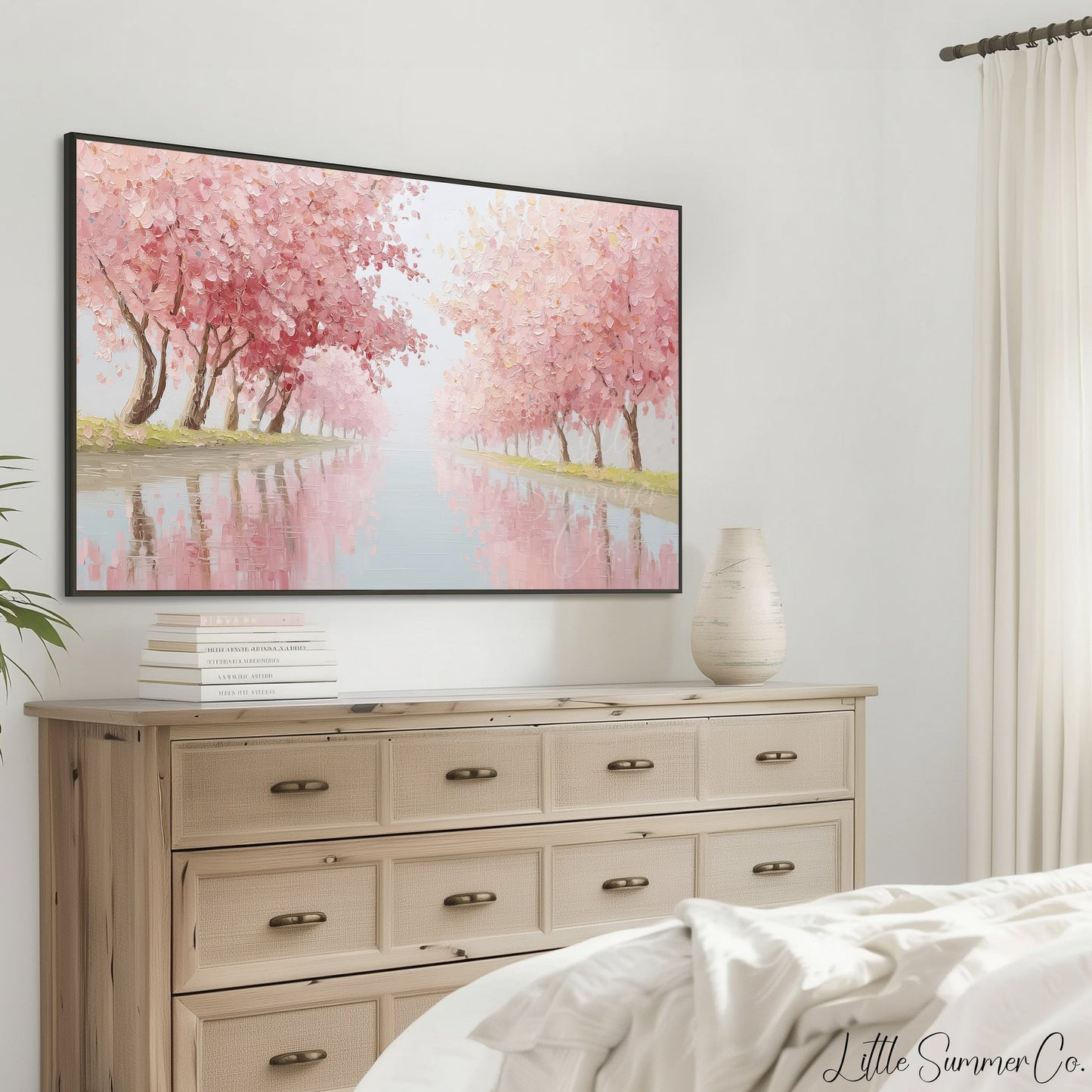 Cherry Blossom Canal Frame TV Art displayed on a TV