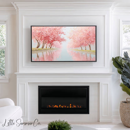 Cherry Blossom Canal Frame TV Art displayed on a TV