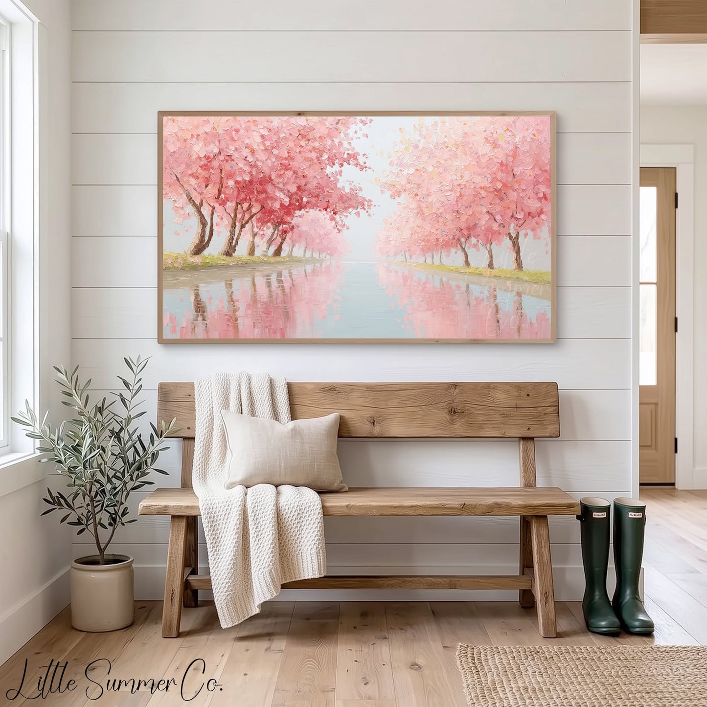 Cherry Blossom Canal Frame TV Art displayed on a TV