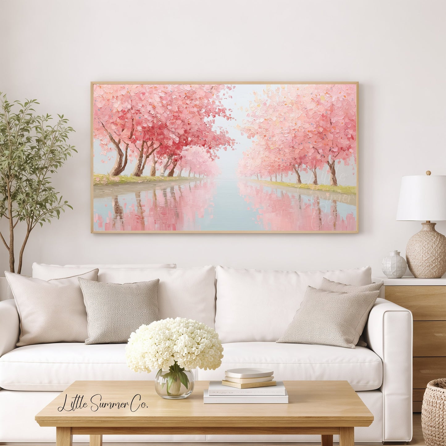 Cherry Blossom Canal Frame TV Art displayed on a TV