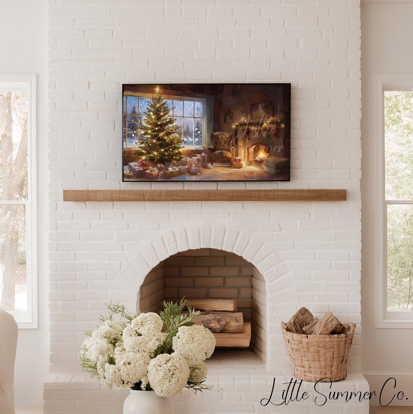 Christmas Tree and Fireplace Frame TV Art displayed on a TV