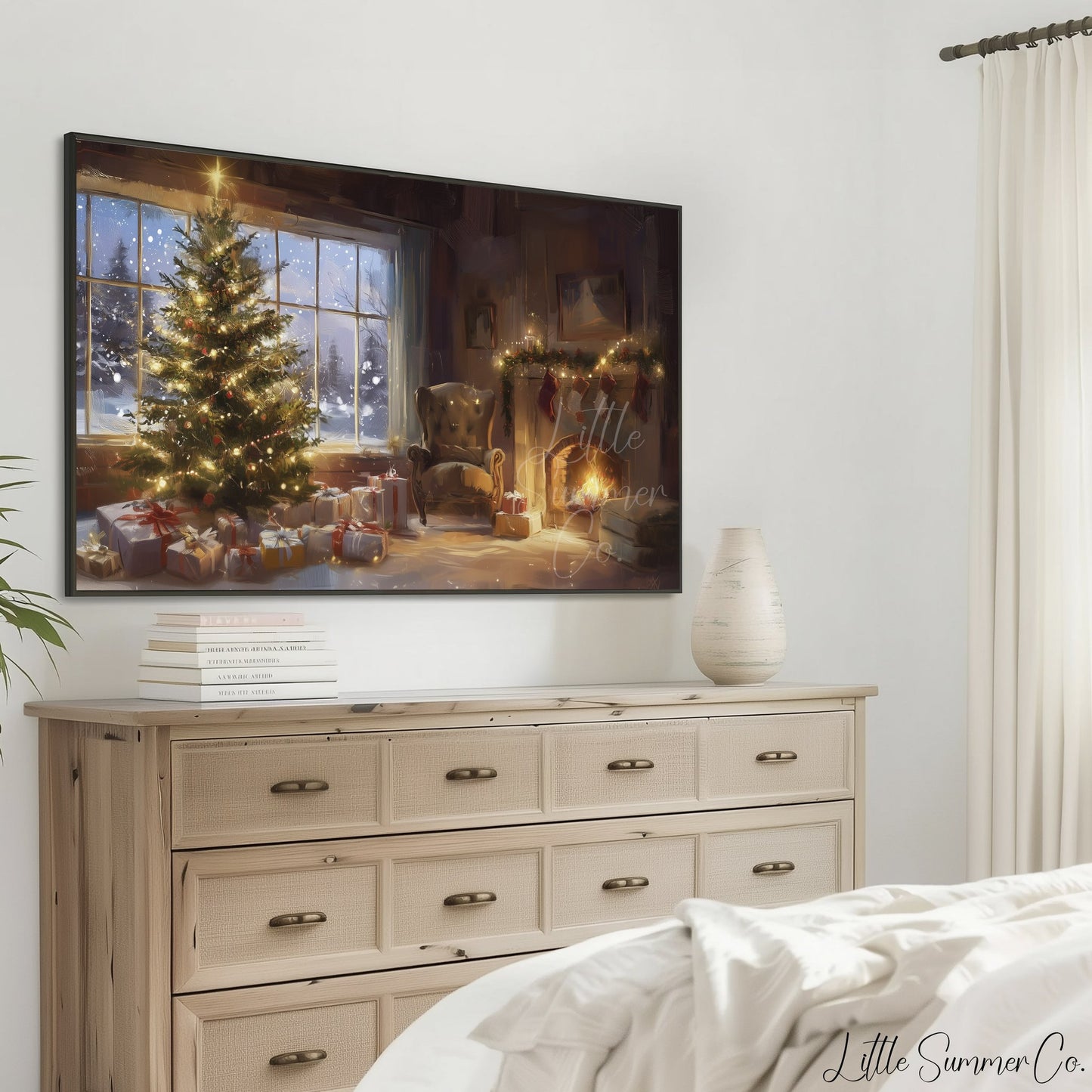 Christmas Tree and Fireplace Frame TV Art displayed on a TV