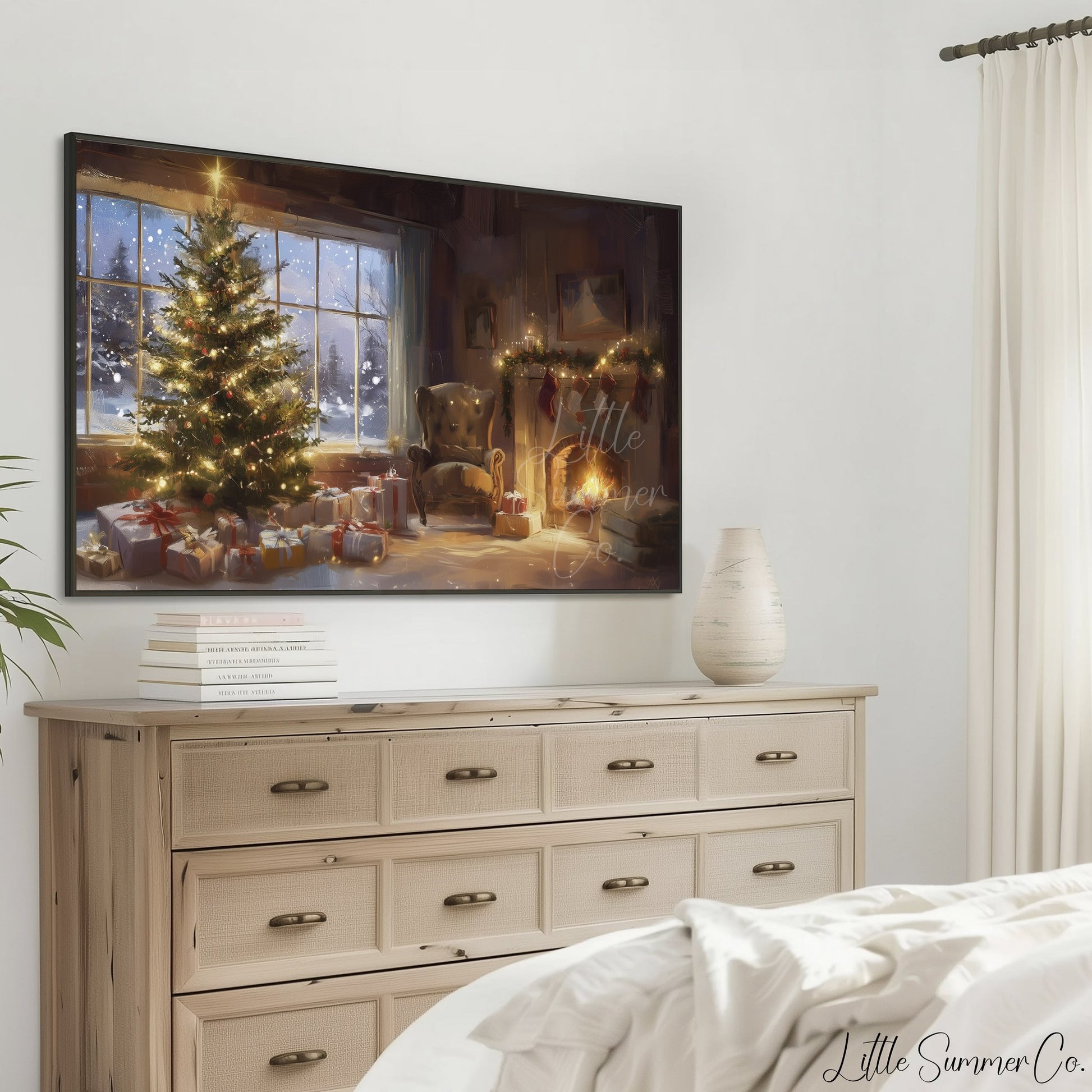 Christmas Tree and Fireplace Frame TV Art displayed on a TV
