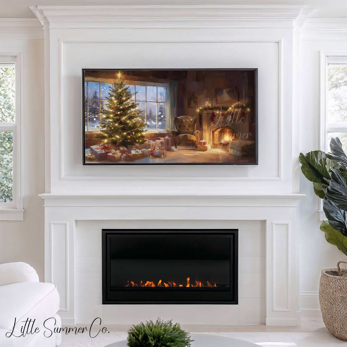 Christmas Tree and Fireplace Frame TV Art displayed on a TV