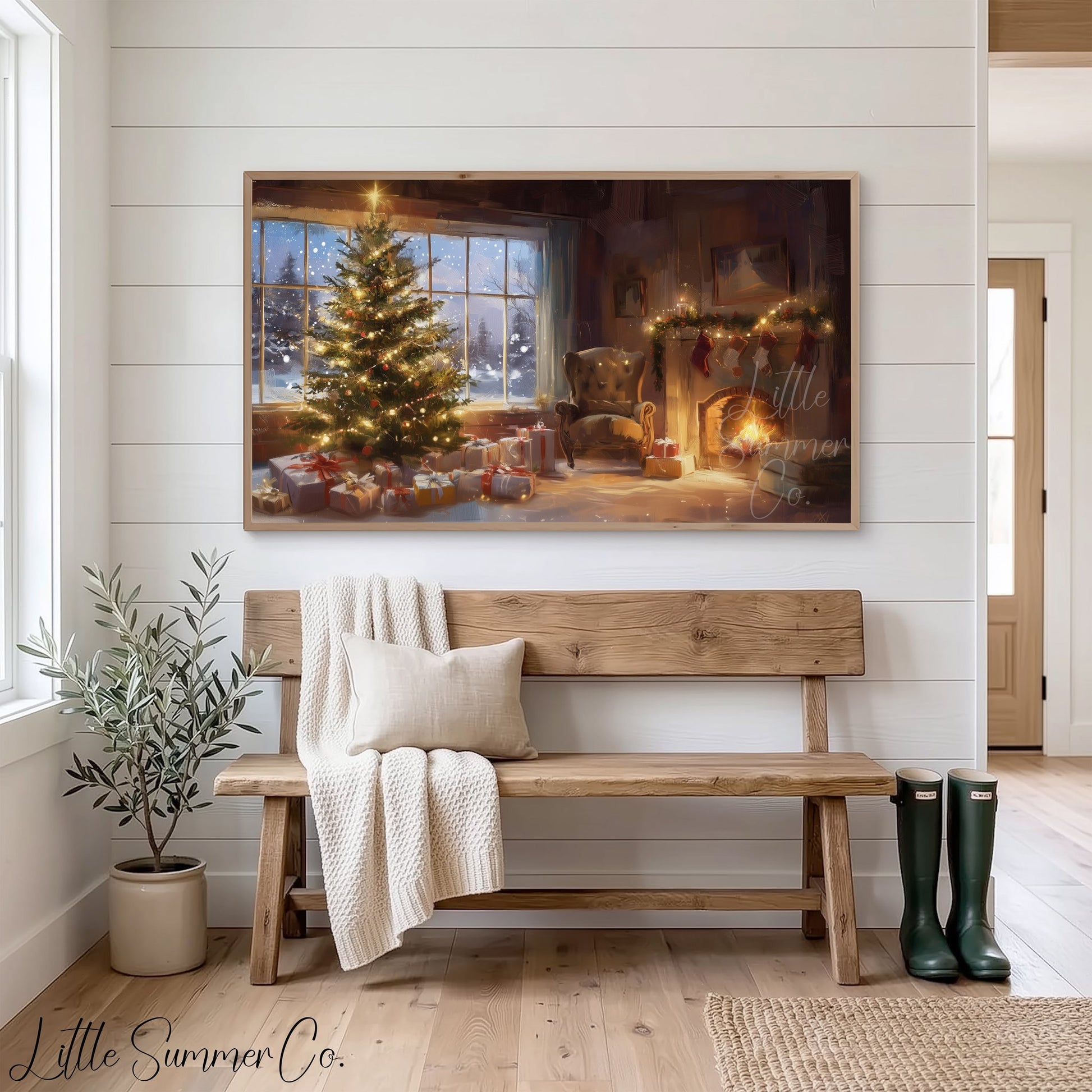 Christmas Tree and Fireplace Frame TV Art displayed on a TV