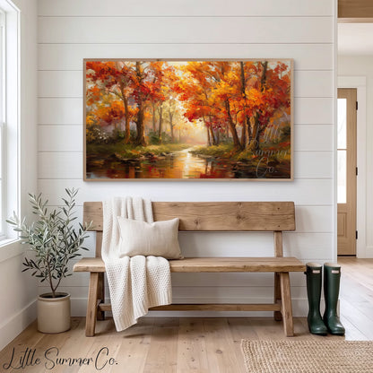 Autumn Stream Reflection Frame TV Art displayed on a TV