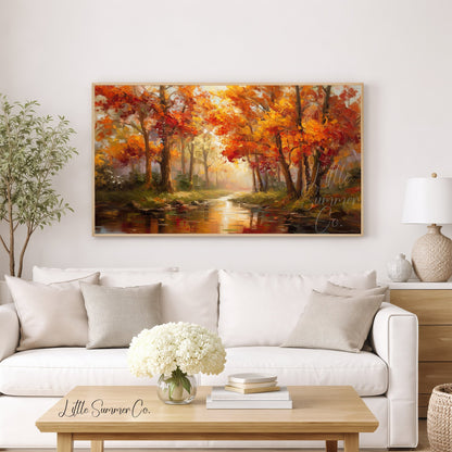 Autumn Stream Reflection Frame TV Art displayed on a TV